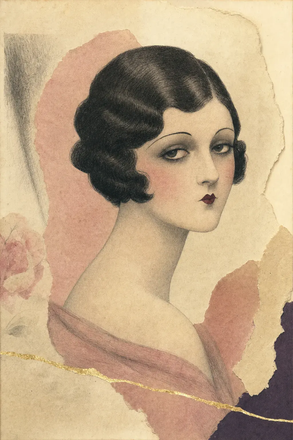 A drawn magazine beauty plate of the mid-1920s: a woman with a dark finger-waved bob, matte pale skin, thin downward brows, smudged dark eyes and a small sharply peaked mouth, printed slightly off-register on yellowed paper.