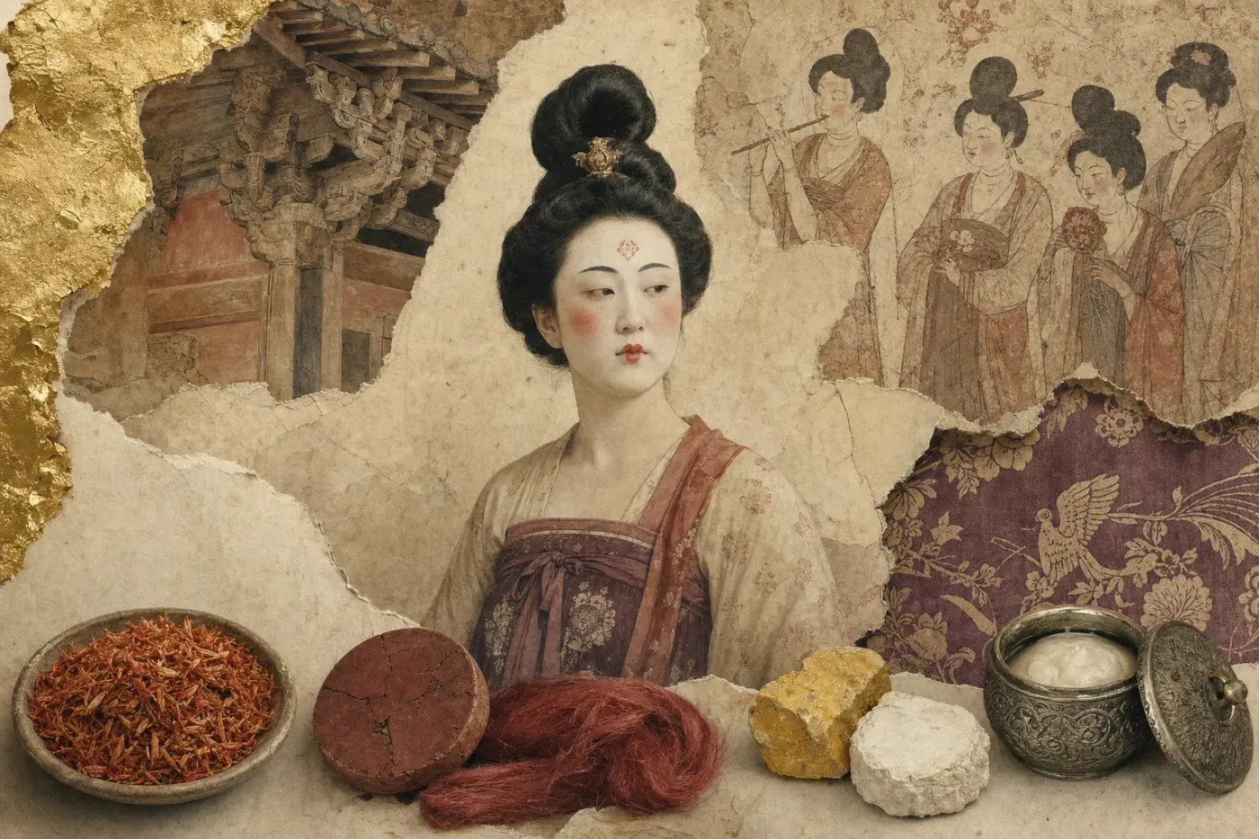A Tang-dynasty woman in a high-waisted silk gown, hair in a tall coiled knot, a small ornament fixed on her forehead between short broad soot-black brows, rouge worked high on the cheeks, a cake of red rouge below.