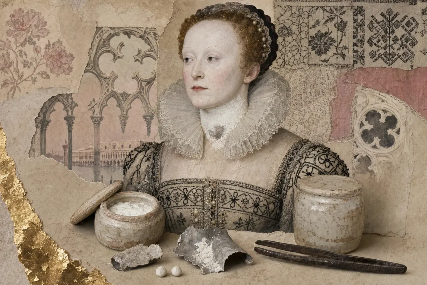 An Englishwoman of the late sixteenth century in a linen ruff, her brows plucked almost away and her hairline pushed back, her face and throat a flat dense white, beside a pot of white lead paste and iron tweezers.