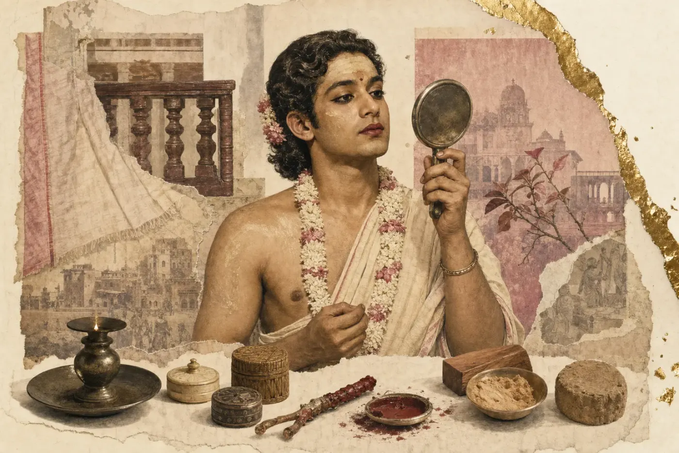 A South Asian woman in draped cotton and heavy gold earrings, her eyes thickly lined in lamp-black, a yellow-and-orange mineral mark on her forehead and her lips stained red with lac resin, beside dried henna leaves.