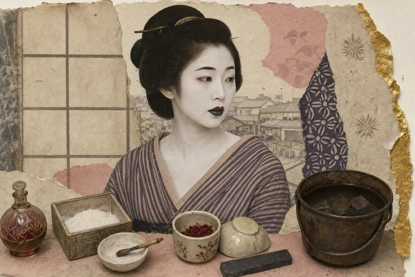 An Edo townswoman in a striped indigo kimono, her teeth blackened and her lower lip built up until it glints green-black, the white powder stopping in a clean edge at her nape, two small glazed colour cups below.