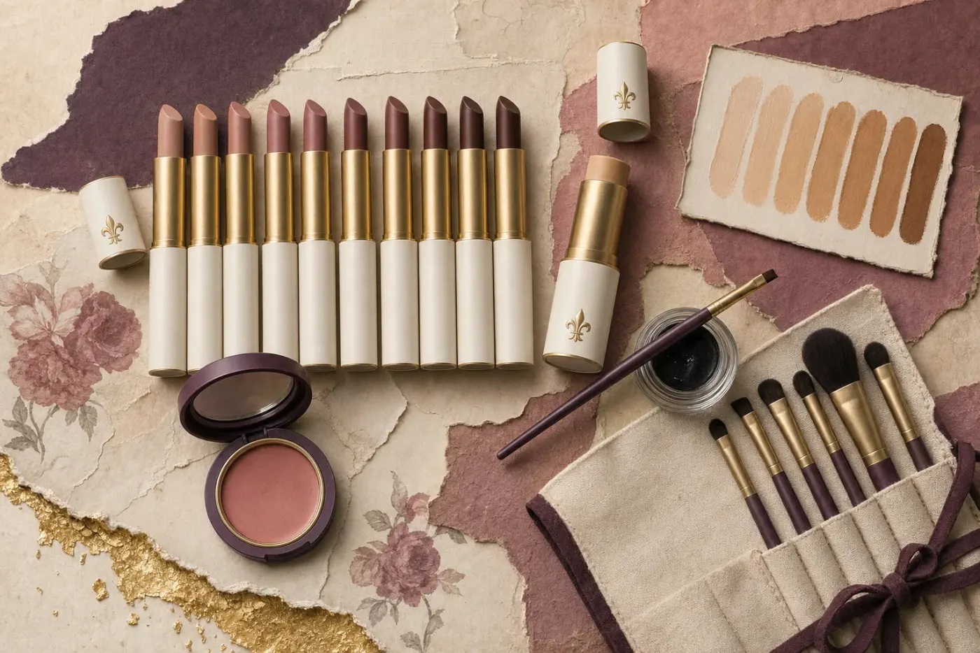 An overhead collage of ten unbranded lipsticks standing in a row, their shades running from pale nude through rose-brown to deep cocoa, beside a beige foundation stick, a card of skin-tone swatches from light to deep, a pot of black gel liner with a fine brush, a compact of rose cream blush and a canvas roll of brushes, on torn parchment with a gold-leaf edge.