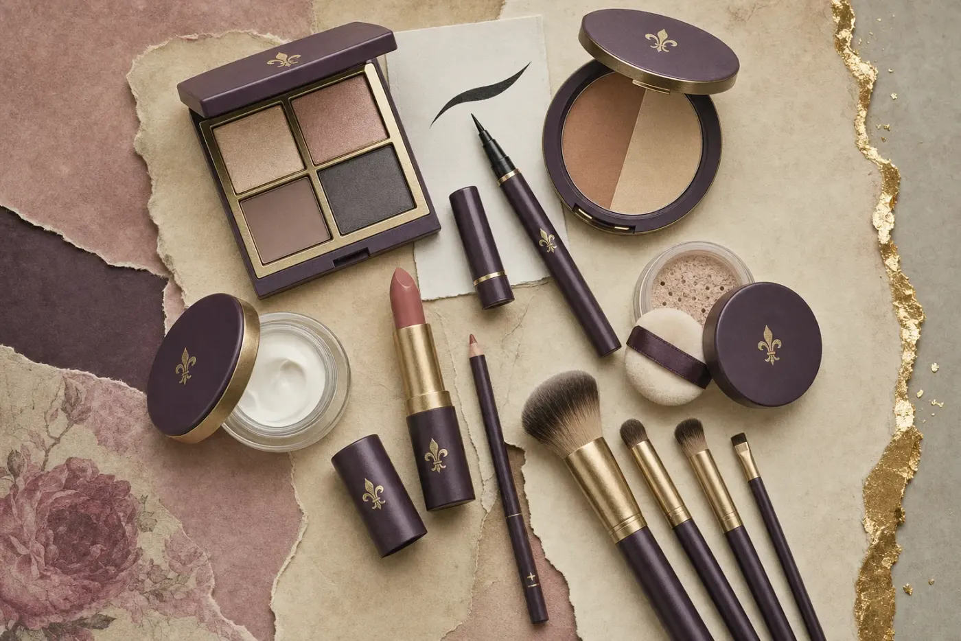 An overhead collage of the makeup for one complete look in unbranded plum cases with gold fleur-de-lis emblems: a four-shade eyeshadow quad in champagne, rose, taupe and smoky grey, a liner pen beside a painted winged flick on a card, a nude-pink lipstick with its liner, a jar of white cream, a two-tone bronze and gold compact, loose powder with a puff and four brushes, on torn parchment with a gold-leaf edge.