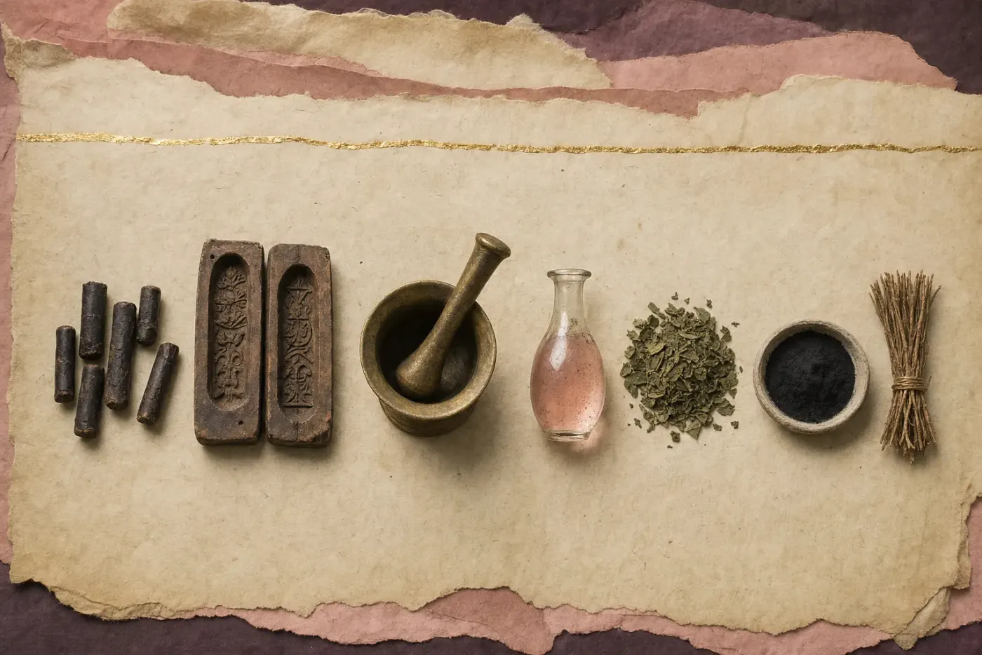 A tenth-century physician's cosmetic preparations in a row: short sticks of solid perfume beside the open wooden mould they were pressed in, a brass mortar and pestle, a flask of rose-water, dried henna leaves, black kohl powder and tooth-cleaning twigs.