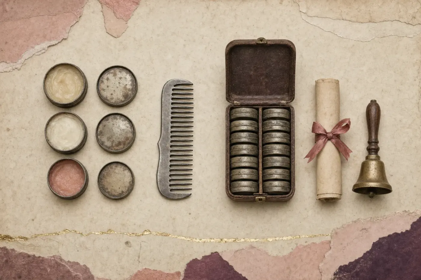 A hair-care agent's kit in a row: six flat tins of scalp ointment, some open, a wide-toothed steel comb, an open leather case packed with tins, a rolled certificate tied with ribbon and a brass school bell.