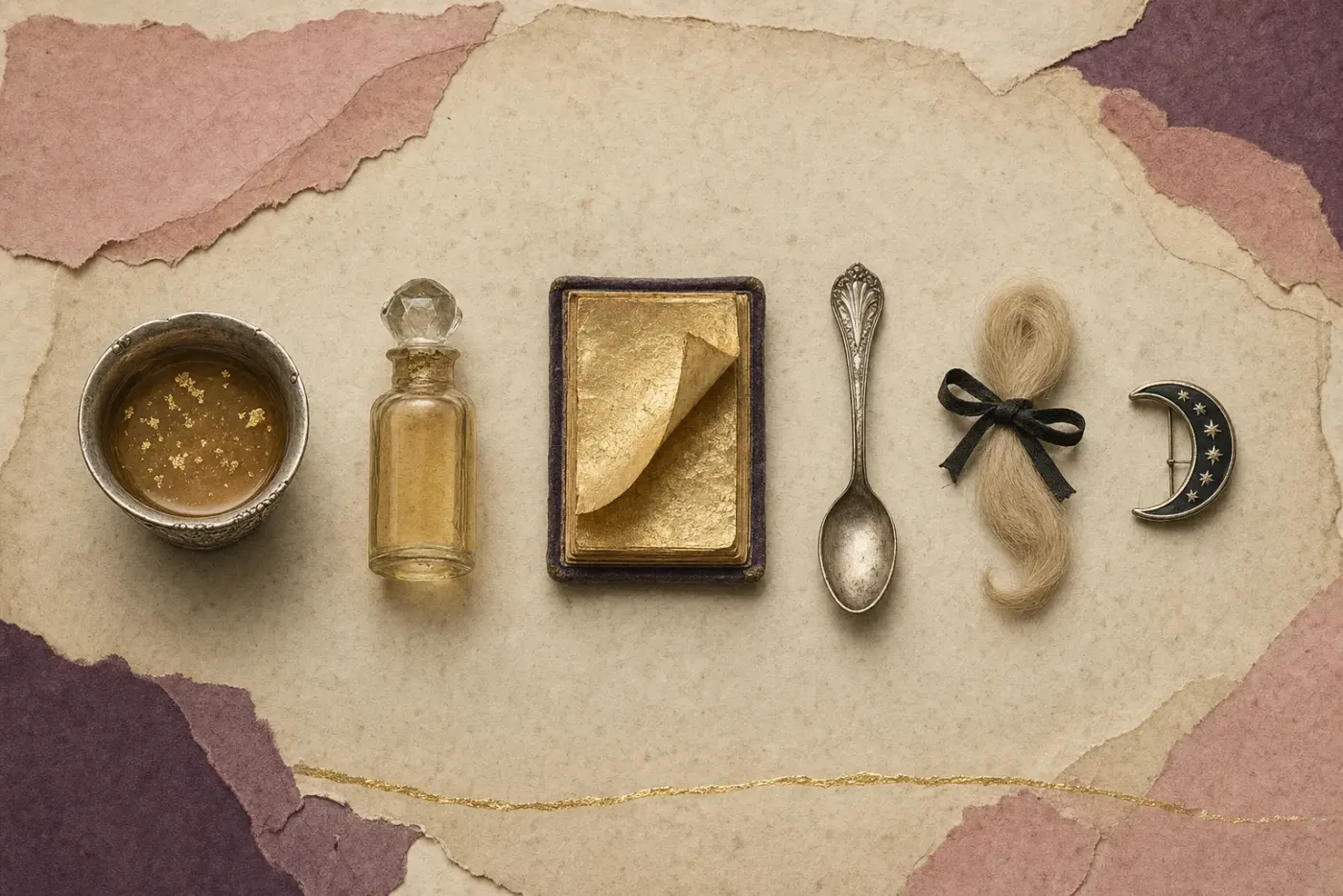 A remedy of drinkable gold in a row: a silver cup of amber broth flecked with gold, a stoppered phial of golden liquid, a book of gold leaf with one sheet lifted, a silver spoon, a lock of fair hair tied with black ribbon and a crescent-moon brooch.