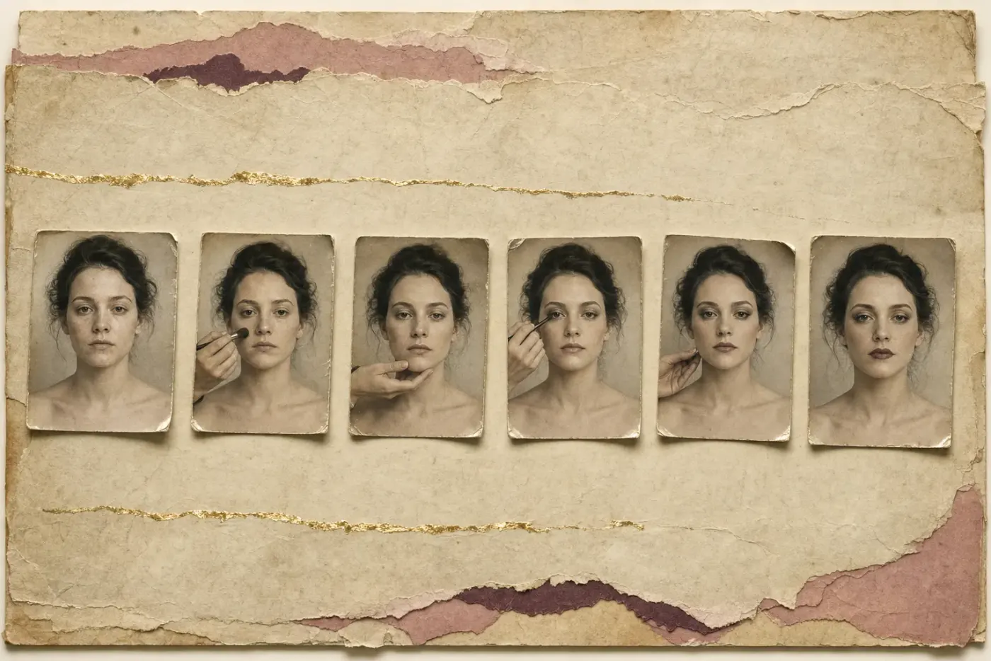 Six photographic prints of the same person laid out in a row, running from a bare face to a finished one, with the make-up artist's hand still visible inside four of the pictures holding a brush against a cheek or steadying a chin.