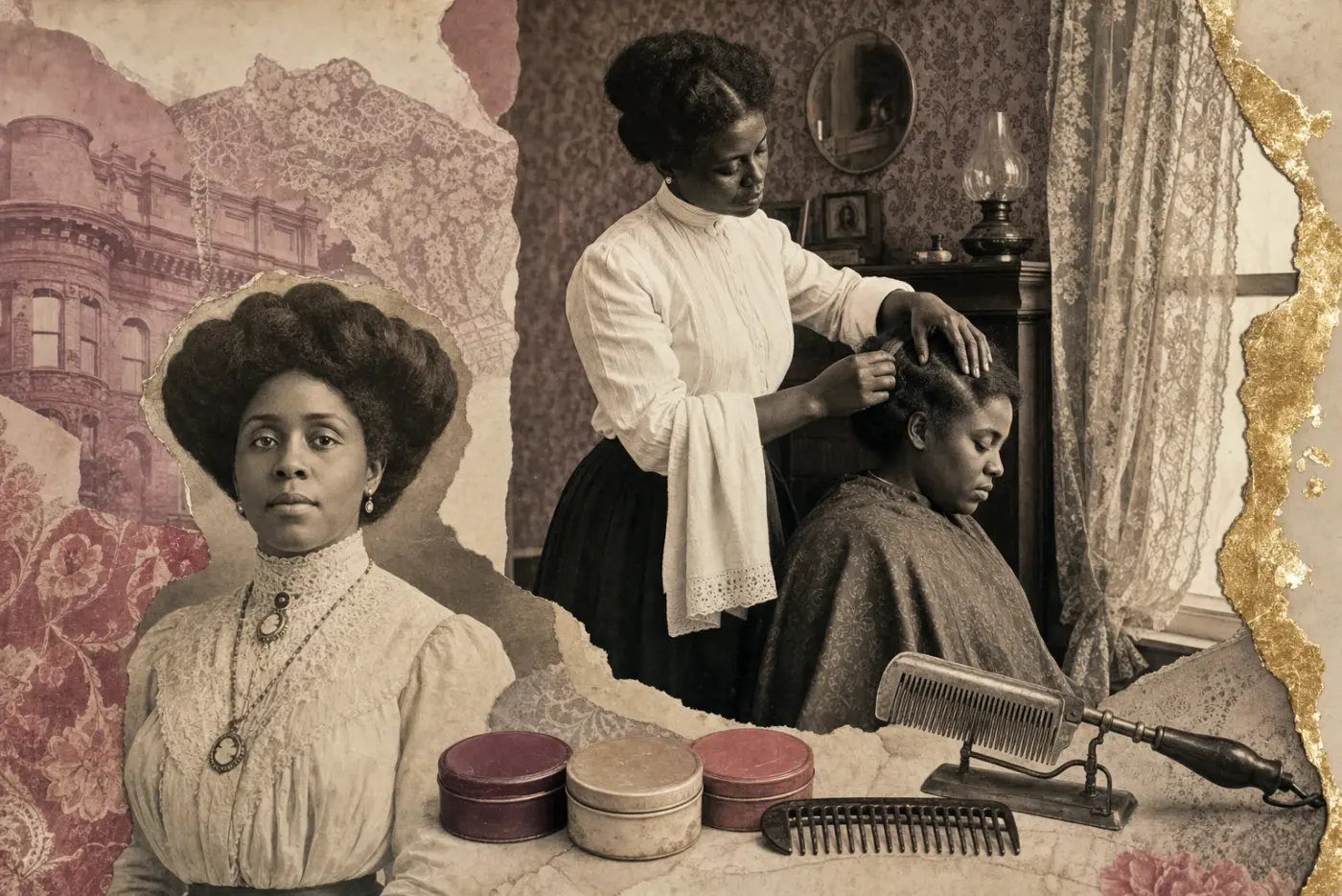 In the parlour of a modest house around 1915, a Black woman in a high-necked white blouse and dark skirt works ointment into the sectioned hair of a seated Black client, flat tins and a heated steel comb in front.