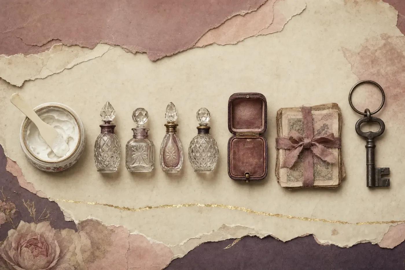 The business of a Victorian beauty fraud in a row: a pot of thick white enamelling paste with an ivory spatula, four cut-glass scent bottles, an empty velvet jewel case, a bundle of banknotes tied with ribbon and a heavy iron key.