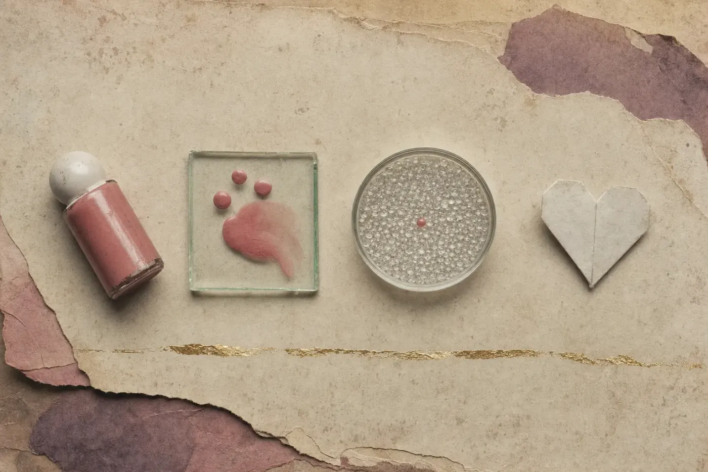 A small bottle of liquid blush on its side, drops of pink blush on a glass tile with one blended into a soft cloud, a dish of clear glass beads with a single pink one among them, and a folded paper heart.