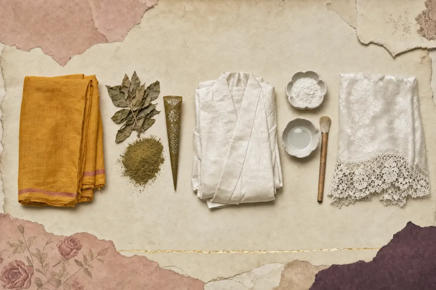 A bride's hands and forearms, turned palm-up in her lap and covered to the elbow in dense floral henna, the olive-brown paste crumbling away to show the orange-brown stain beneath. Her face is still bare.