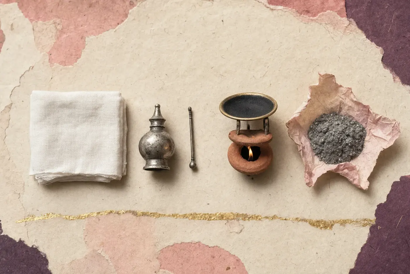 Kohl beside a baby's things: a folded square of white cotton swaddling, a small silver kohl flask with its applicator rod, a clay oil lamp with a brass dish above its flame blackened with soot, and a twist of pink paper holding a heap of grey, metallic-glinting powder.