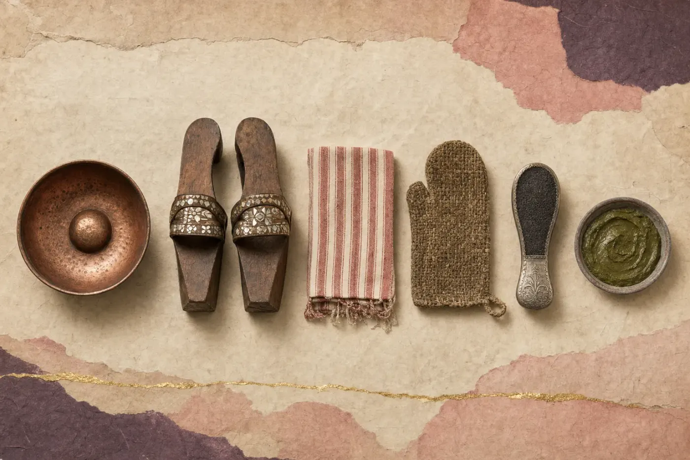 The equipment of a nineteenth-century hammam in a row: a hammered copper bathing bowl with a raised centre, a pair of wooden bath clogs with mother-of-pearl-inlaid straps, a folded red-and-white striped bath cloth, a coarse woollen scrubbing mitt, a dark clay foot-rasp cased in embossed silver and a small dish of green henna paste.