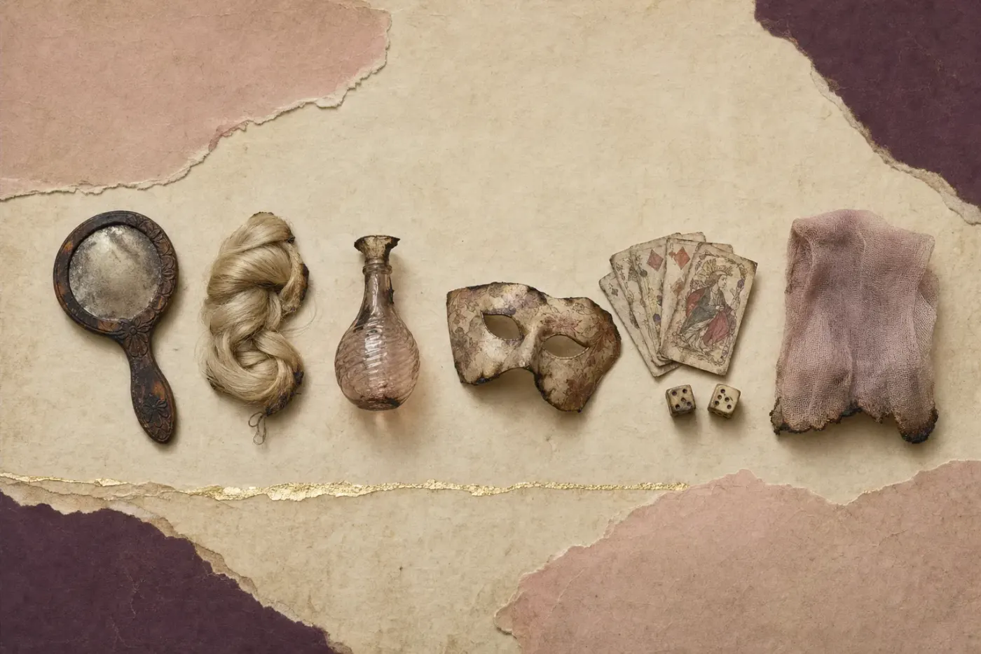 Vanities of the kind burned in fifteenth-century Florence: a carved wooden hand mirror, a coil of false hair of pale yellow silk, a small glass scent flask, a papier-mache half-mask, a fan of old playing cards with two dice, and a gauze veil with a scorched hem.