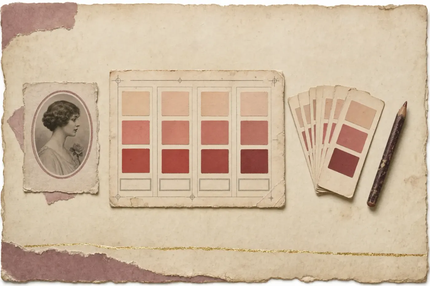 A printed counter chart of the later 1920s divided into four complexion columns, each headed with a category name and carrying a vertical strip of powder, rouge and lip swatches, with a stack of loose shade cards beside it.