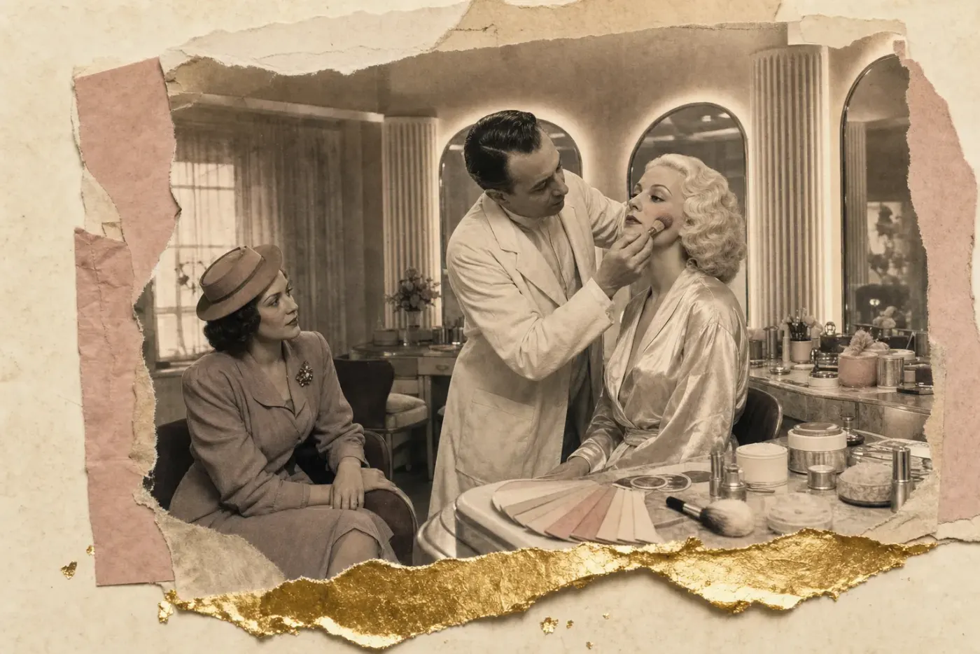 A 1930s Hollywood makeup salon with fluted pilasters and curved mirrors: a makeup man in a white coat blends rouge on the cheek of a seated actress in a satin robe while a woman in a smart day dress watches; jars of powder, greasepaint sticks and a fan of complexion swatches lie on the dressing table.