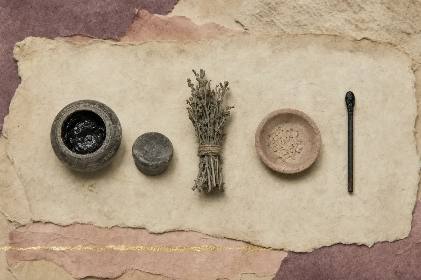 A small dark stone jar of black eye salve with its stopper beside it, a bundle of dried stems, a shallow offering dish and a slim applicator rod laid out in a row.