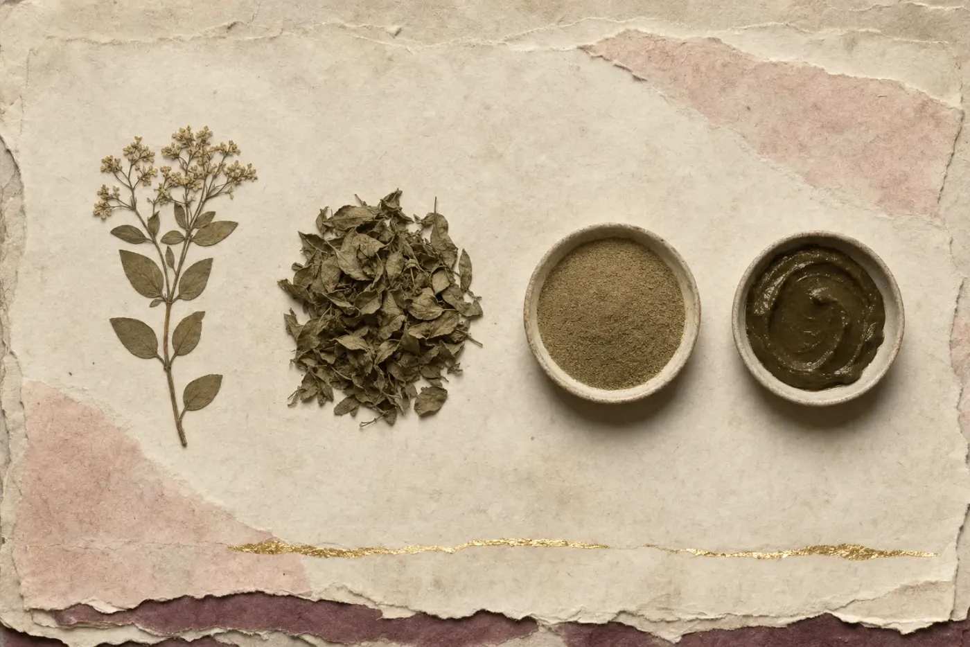 A pressed sprig of henna with leaves and small flowers, a heap of dried whole leaves, a dish of fine green powder and a dish of the same powder mixed into a dark paste, laid out in a row.