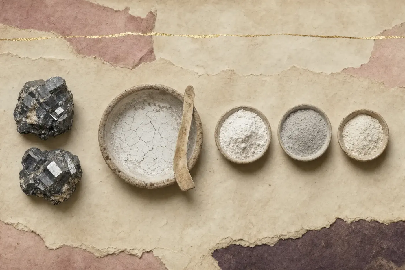 Two lead ores beside three shallow dishes of manufactured white and grey powders, with a shallow evaporation basin holding a drying crust — the raw mineral and the synthesised compounds shown apart.