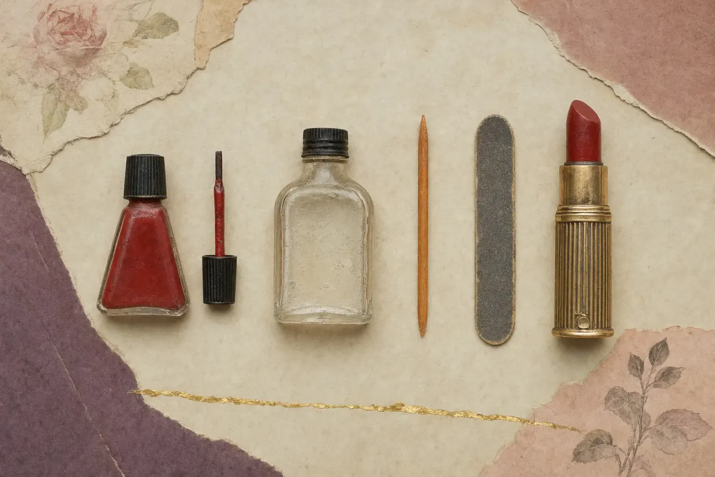 A 1930s manicure laid out in a row: a triangular glass bottle of red cream nail enamel with its black cap and brush, a bottle of polish remover, an orange stick, an emery board and a gilt lipstick in the matching red.