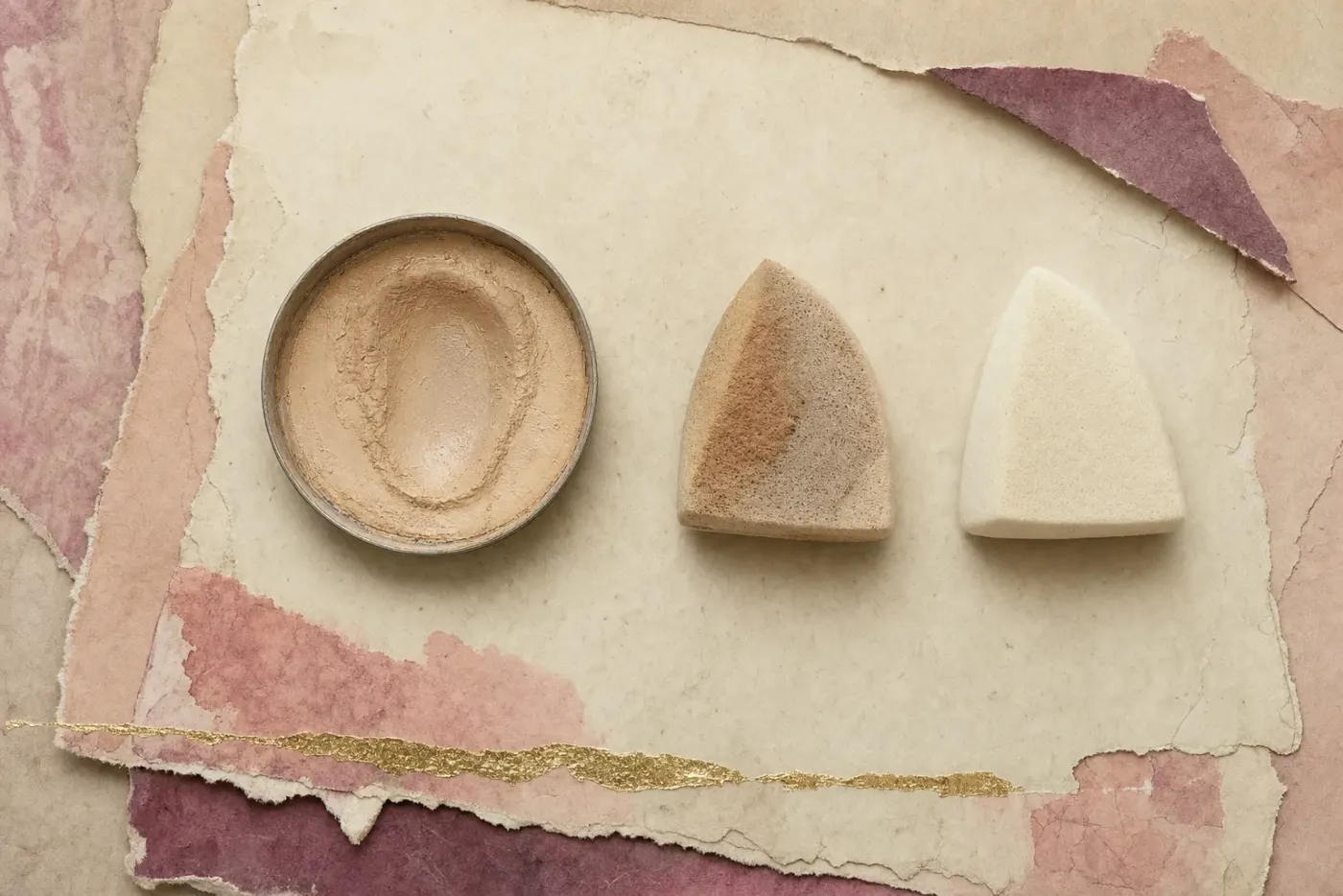 A shallow round pan of compacted cream-beige cake foundation, its surface swept into a shallow trough by use, laid beside a damp wedge sponge stained with the same beige and a second clean dry sponge.