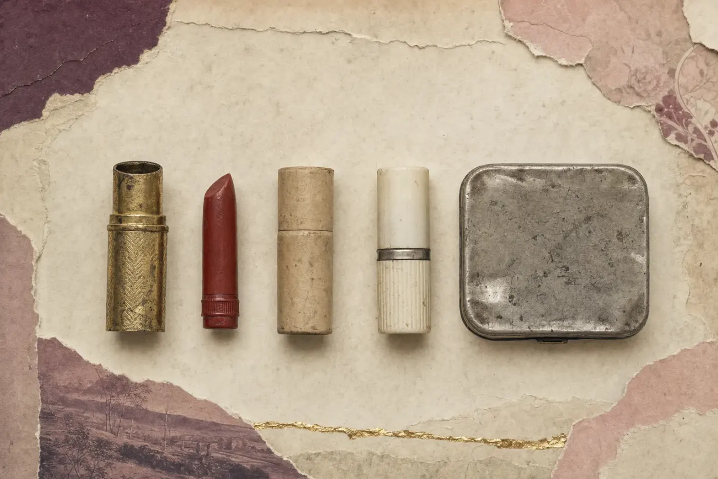Wartime lipsticks laid out in a row: a worn gilt metal case standing open and empty with its red stick lifted out beside it, a plain cardboard tube, a lipstick with a white plastic cap, and a small dented first-aid tin.