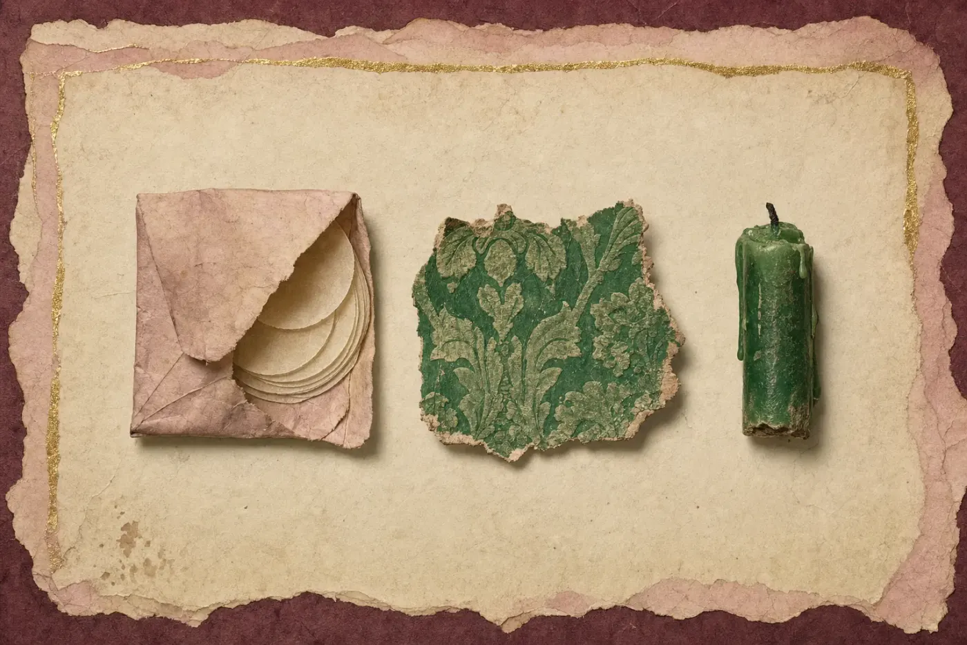 A flat paper packet of pale complexion wafers opened to show thin discs like communion bread, set beside a scrap of vivid green wallpaper and a stub of green candle.