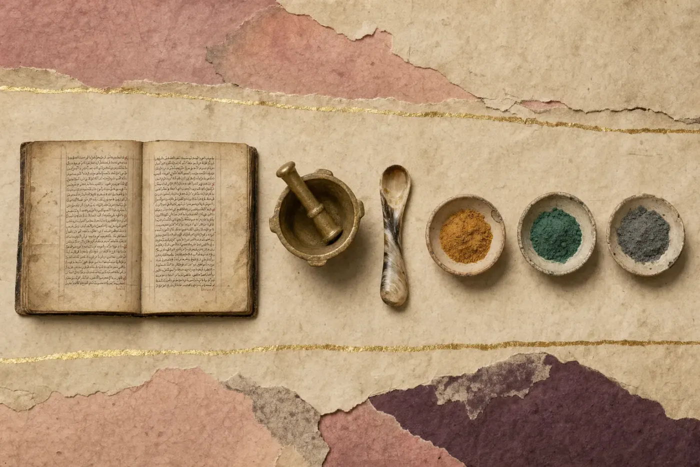 An open medical manuscript in Arabic script with a ruled two-column page, beside a brass mortar, a small horn spoon and three shallow dishes of ground mineral powder in ochre, green and grey.