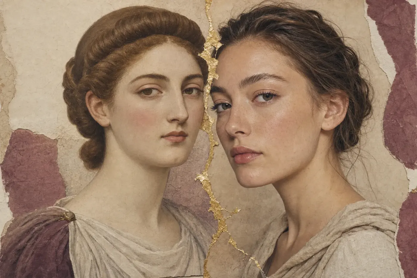 On the left a Roman woman, complexion evened to an unbroken pale with red on the cheek alone, hair rolled above the brow; on the right a woman today, skin texture visible, faintly flushed, brows brushed up and unfilled.