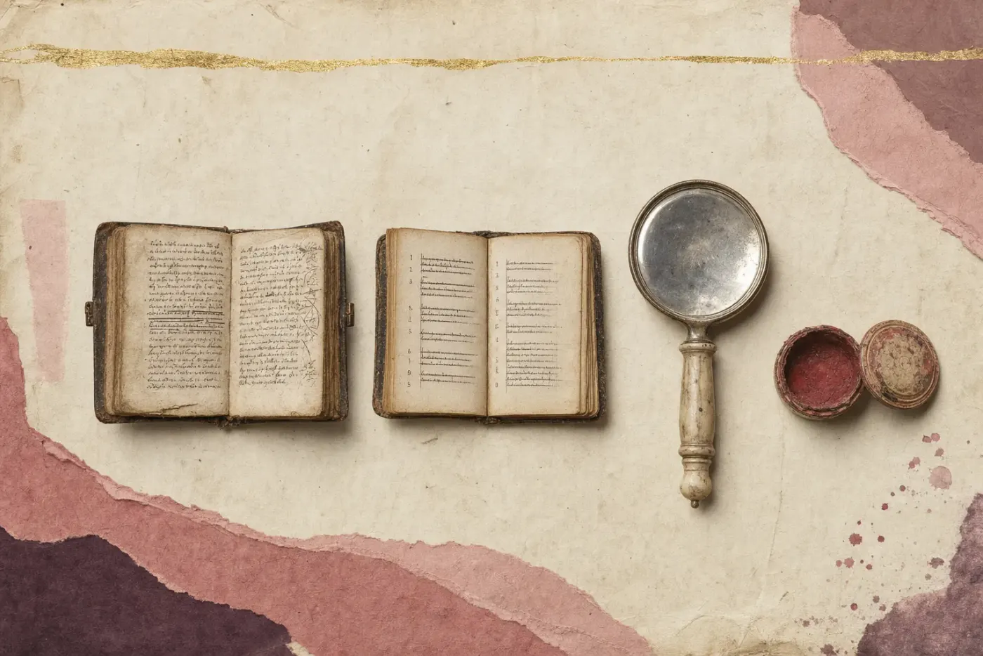 A preacher’s pocket sermon book open beside a confessor’s manual, one page heavily underscored and annotated, with a small mirror and a pot of paint set deliberately alongside them.