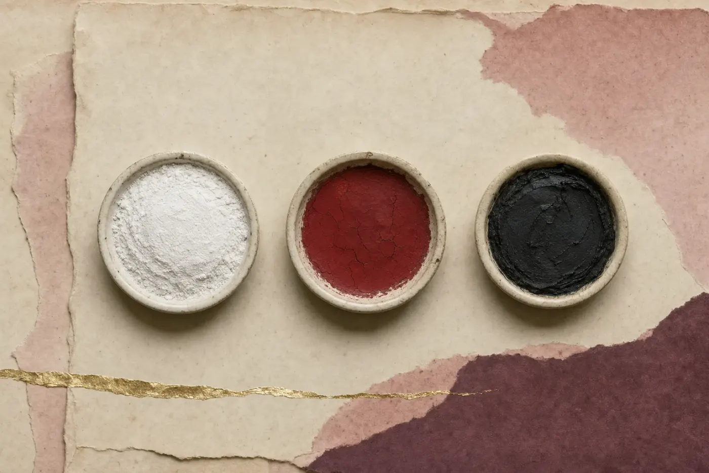 Exactly three shallow dishes on parchment holding a dense white powder, a deep crimson film and a dark black paste, evenly spaced with nothing else in frame.