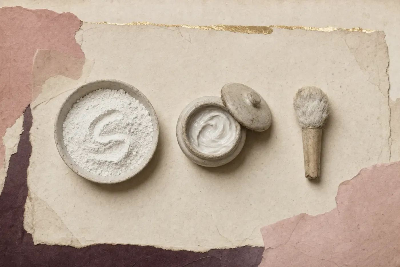 A shallow dish of dense white powder, a small pot of the same white worked into a paste, and a soft hare’s-foot applicator worn white at the tip, laid in a row.
