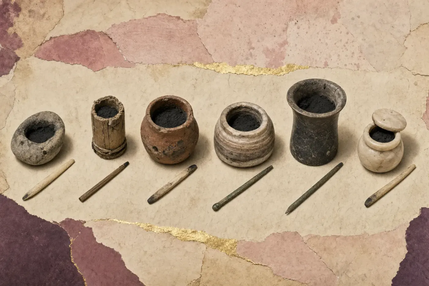 Six Egyptian kohl containers of very different quality laid in a row, from a plain hollowed pebble and a rough reed tube to a turned stone jar and a fine polished vessel, each with a thin applicator stick.