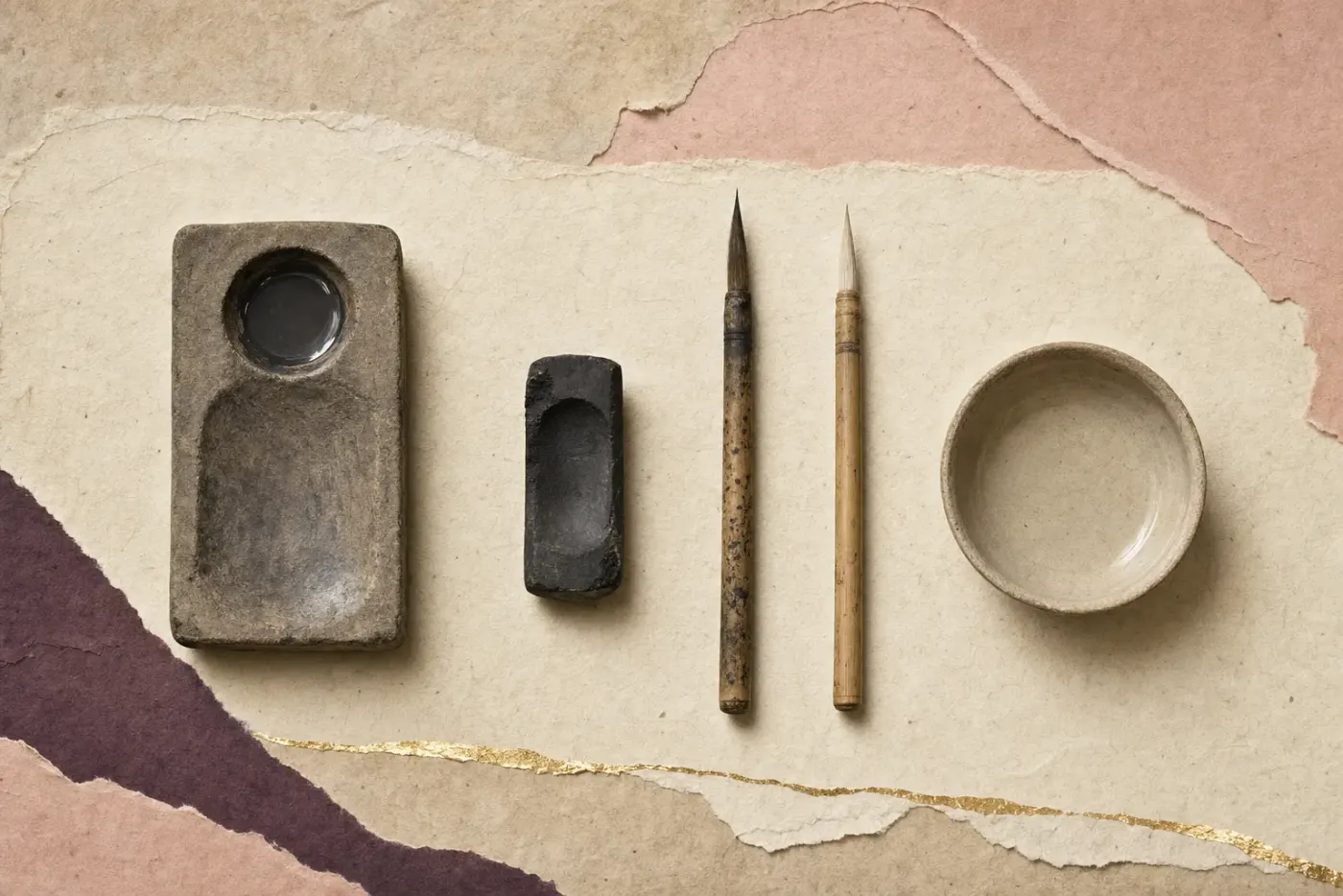 A small stone ink-grinding slab with a dark cake of pigment, two fine brushes and a shallow water dish, laid out in a row on parchment.