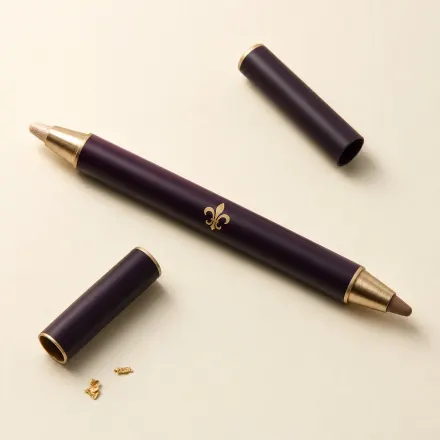 A slim dual-ended pencil with a champagne shimmer end and a taupe end.