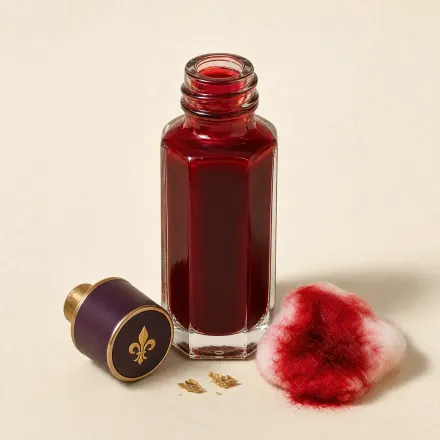 A small bottle of crimson alta dye beside red-soaked cotton wool.