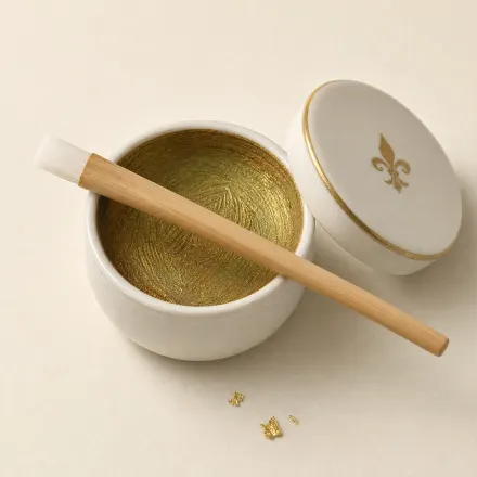A small porcelain cup lined with iridescent green safflower beni, a lip brush across its rim.