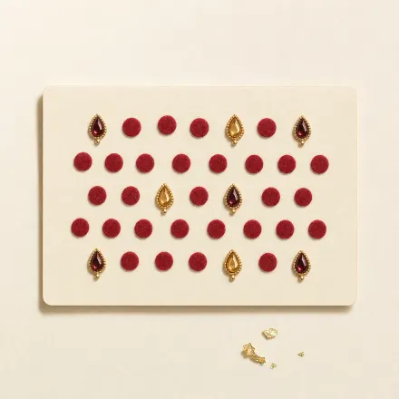 A card of stick-on bindis: red dots and jewelled teardrops.