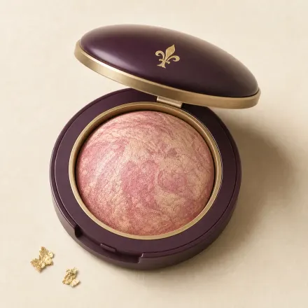 An open compact of domed, marbled rose baked blush.
