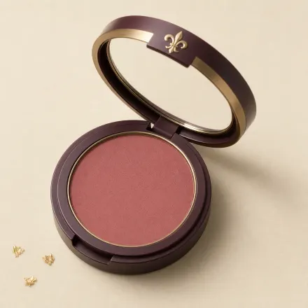 An open round compact of dusty rose pressed blush.