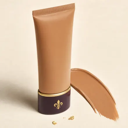 A squeeze tube of tan body makeup beside a broad streak of it.