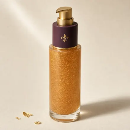 A tall glass bottle of golden shimmering body oil.