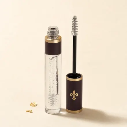 A slim clear tube of transparent brow gel with its wand beside it.