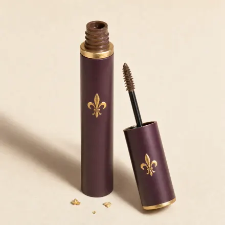 A slim tube of brown brow gel with its tiny wand beside it.