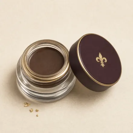 A tiny open glass pot of dark brown brow pomade.