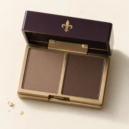 An open compact of two matte brow powders, taupe and brown.