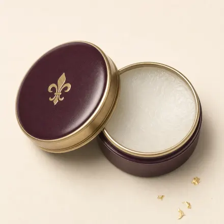 A small open tin of translucent brow soap.