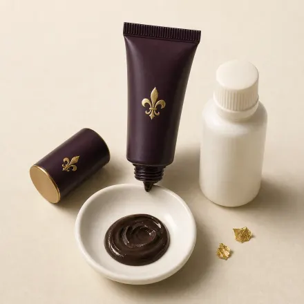 A tube of brow tint and a bottle of developer beside a mixing dish.