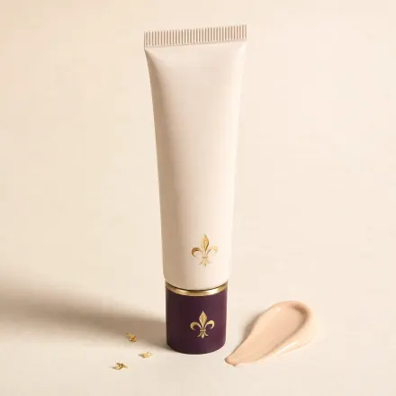 A squeeze tube of CC cream standing beside a dollop of peach-beige cream.