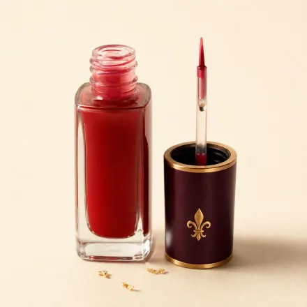 A small glass bottle of red cheek and lip stain with its brush cap beside it.